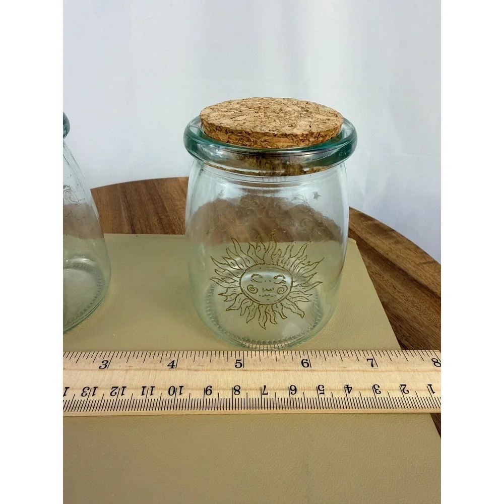 Set of 2 Hand Etched Celestial Glass Jars Cork Lids Sun Moon Apothecary Bottles